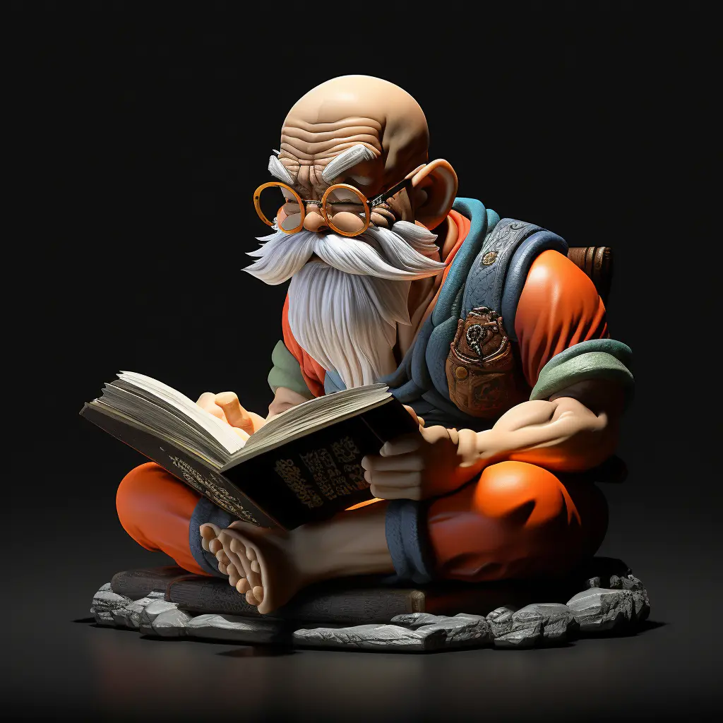 Master roshi sitting reading a book, ultra realistic, 3D, black background, solid color, lots of details v 5